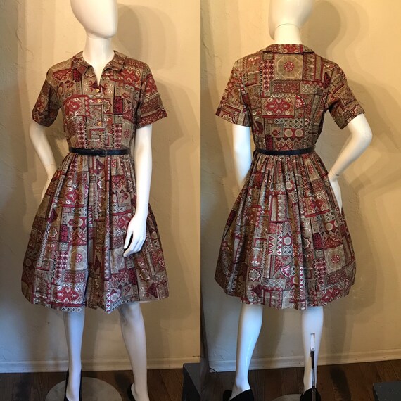 1950’s Novelty Print Cotton Shirtwaist Day Dress M