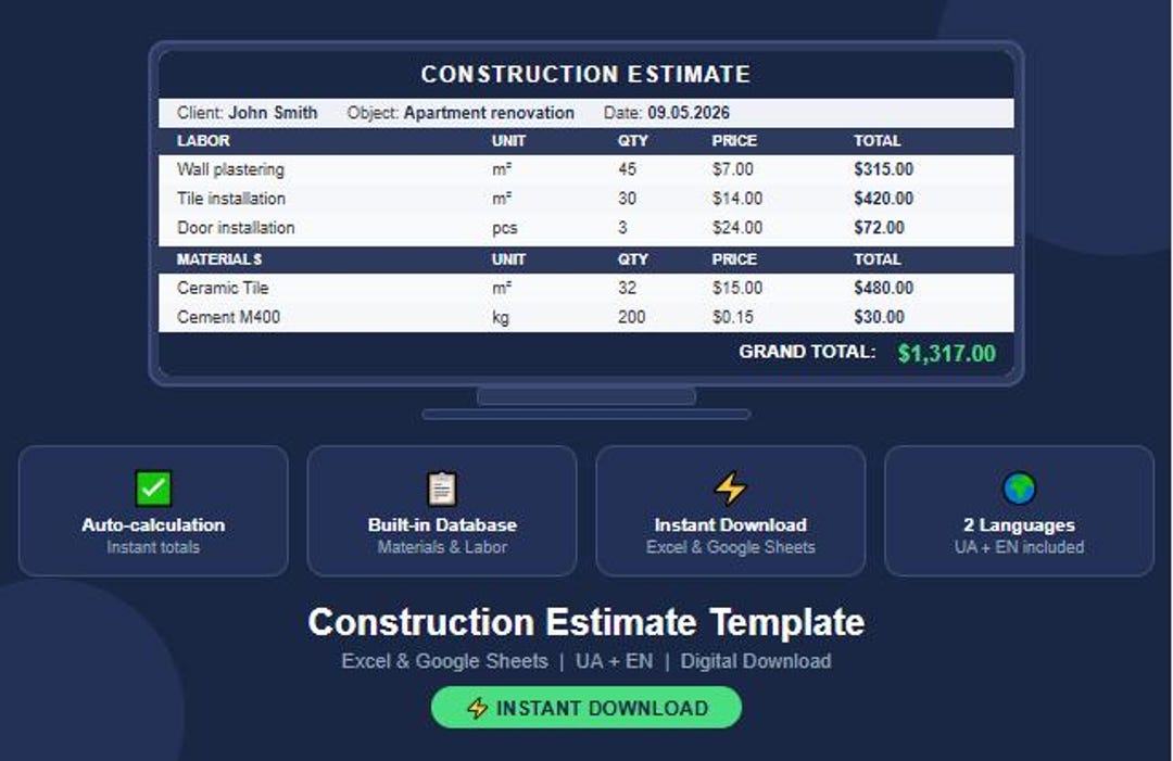 Construction Estimate Template Excel & Google Sheets | Building Cost ...