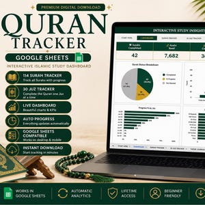 Peut inclure: Un suivi numérique du Coran pour Google Sheets affiché sur un écran d'ordinateur portable, présentant un tableau de bord interactif avec des graphiques, des barres de progression et des tableaux de données. L'interface inclut des textes comme QURAN TRACKER.