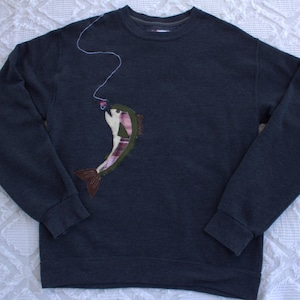 Handmade upcycled trout patchwork crewneck| Fish sweatshirt| Fly fishing sweatshirt| Size small