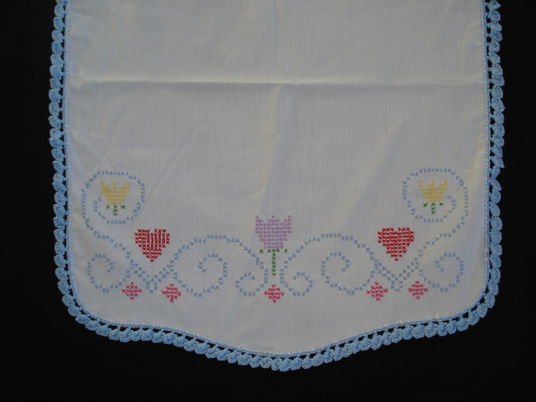 Vintage Crossstitch Dresser Scarf With Blue Crocheted Deging Etsy