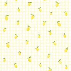 May include: A repeating pattern featuring small, yellow watercolor-style lemons with green leaves scattered across a soft, pale yellow and white gingham check background. The design creates a light, consistent grid of fruit motifs throughout.