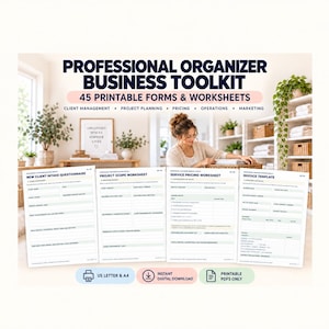 May include: A professional organizer business toolkit featuring 45 printable forms and worksheets, including a new client intake questionnaire, project scope worksheet, service pricing worksheet, and invoice template, available in US letter and A4 sizes.