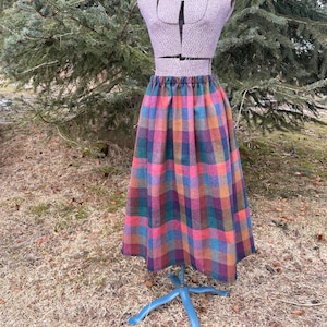 Plaid Wool Skirt, Long Skirt, Women Small/Medium, Elastic Waist, Ready to Ship