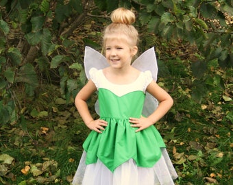 Déguisement fée clochette, héroïne de tous les jours, robe verte avec ailes amovibles, fabriqué sur commande, matériaux recyclés VARIENT