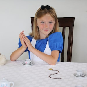 Puede incluir: Una ni&ntilde;a vestida como Alicia en el Pa&iacute;s de las Maravillas se sienta en una mesa con una taza de t&eacute; y un platillo. Lleva un vestido azul con un delantal blanco y un lazo negro en el pelo. Un collar con un dije cuelga de la mesa.