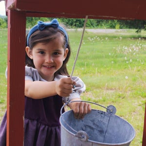 以下が含まれることがあります： 青いリボンをつけた髪の女の子が、バケツにつながれたロープを引いています。バケツは金属製で、地面に置かれています。女の子は紫色のドレスを着て、木の井戸の前に立っています。