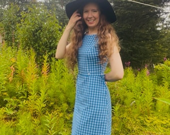 Blue Plaid Sleeveless Dress for Women, Size XS, Women’s 0-2, Knee-length Blue Checked Dress