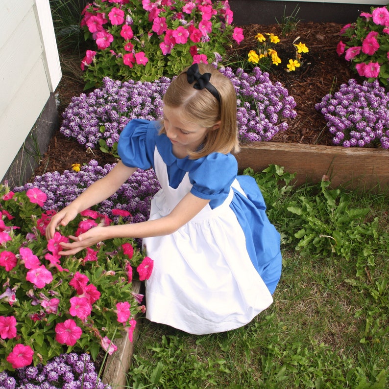 Puede incluir: Una ni&ntilde;a peque&ntilde;a con un vestido azul y blanco con un lazo negro en el pelo est&aacute; arrodillada en un jard&iacute;n. Est&aacute; rodeada de flores rosas y moradas.