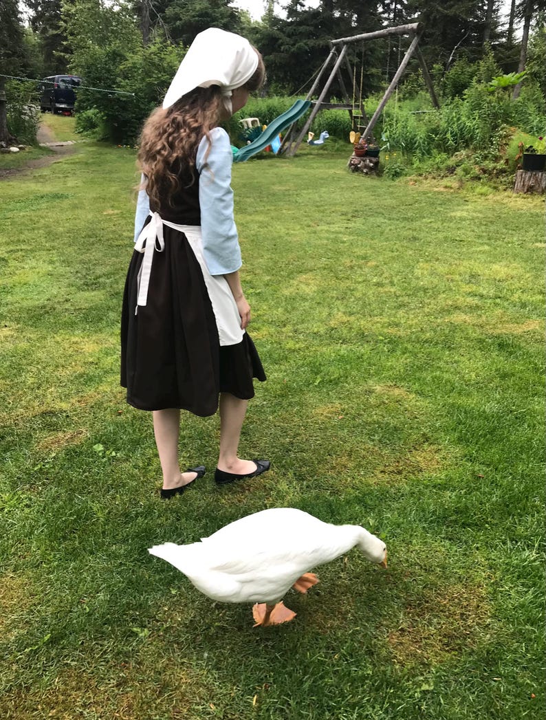 May include: A woman wearing a brown dress and a white bonnet is standing in a grassy field. She is looking at a white goose that is walking towards her.