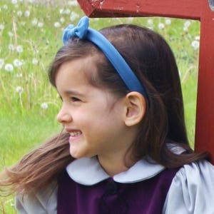 以下が含まれることがあります： 長い茶色の髪をした若い女の子が、青いリボン付きのヘッドバンドと白い襟の紫色のドレスを着ています。