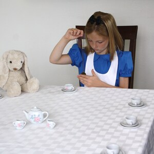 Puede incluir: Una ni&ntilde;a peque&ntilde;a con un vestido azul y un delantal blanco se sienta en una mesa con un mantel blanco. Est&aacute; sosteniendo un objeto peque&ntilde;o y redondo en su mano. Hay varias tazas de t&eacute; y platillos en la mesa, as&iacute; como una tetera y un conejito de peluche.