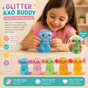 Może przedstawiać: Zabawka Glitter Axo Buddy w formie miękkiej, półprzezroczystej figurki aksolotla wypełnionej błyszczącym brokatem. Zabawka posiada różowe skrzela zewnętrzne, uśmiechniętą buzię i jest dostępna w kolorach niebieskim, różowym, zielonym, pomarańczowym i żółtym.