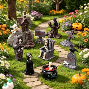 May include: A collection of miniature Halloween-themed figurines including a haunted house, a coffin with a skeleton, a skeleton on a throne, a black cat on a tree stump, a tombstone with a raven, a grim reaper, and a cauldron with bones.