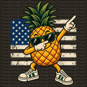 Puede incluir: Un personaje de piña de dibujos animados con una parte superior de hojas verdes, gafas de sol verde oscuro y zapatillas blancas con rayas verdes. La piña realiza una pose de dab frente a un gráfico de la bandera estadounidense con estrellas.