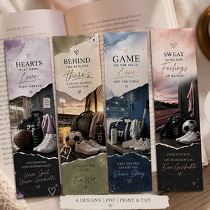 Könnte beinhalten: Set mit vier bedruckbaren Lesezeichen mit Sportmotiven. Jedes Lesezeichen hat ein anderes Hintergrundbild, darunter ein Basketball, ein Fußball und eine Umkleidekabine. Der Text enthält Sätze wie "Hearts play hard, love" und "Sweat on the field."