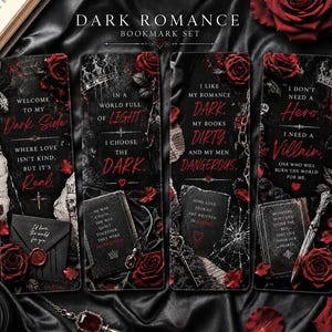 Könnte beinhalten: Ein Set aus vier Lesezeichen im Gothic-Stil mit dunklen Hintergründen, roten Rosen und Zitaten. Die Lesezeichen zeigen Sätze wie "Dark Side", "I Choose the Dark" und "I Need a Villain". Das Set ist in einem Vintage- und romantischen Stil gestaltet.