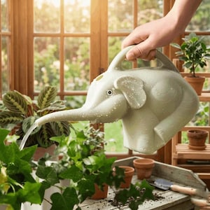 May include: A light green plastic watering can shaped like an elephant with a long trunk spout. The watering can features a curved handle on top and a small opening for filling. Water is shown flowing from the tip of the elephant trunk spout.