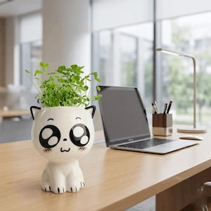 May include: A white ceramic planter shaped like a sitting cat with large black eyes, a small nose, and a mouth. The cat has pointed ears and black painted details on its paws. A vibrant green plant with small leaves grows out of the top of the planter.