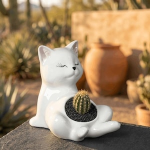 Cat Ceramic Planter, Mini Succulent Pot, Kawaii Kitten Flowerpot, Cat Lover Gift, Office Desk Decor, Small Plant Cactus Holder