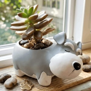 May include: A gray and white ceramic planter shaped like a sleeping dog with a bushy white muzzle and closed eyes. The planter holds a green succulent plant rooted in dark soil with small pebbles. A gold-colored metal paw print charm sits nearby.