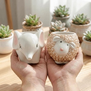 Animal Succulent Planters, Small Ceramic Plant Pots with Drainage, Fox Elephant Sheep Zebra Cow Raccoon Mini Flowerpots, Plant Lovers Gift