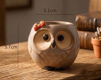Keramik Eule Übertopf | Mini Sukkulententopf mit Unterteller | Tier Kaktus Blumentopf | Eulen-Liebhaber Geschenk | Büro Schreibtisch Garten Dekor
