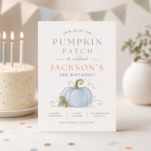 Pumpkin Birthday Invitation Boy Any Age Party Watercolor Blue Pumpkin Patch Fall Harvest Instant Access Printable Editable Template Text