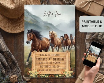 May include: A printable invitation with a watercolor painting of running horses, mountains, and the text "Wild & Free." The invitation includes details for a birthday party, and a mobile version is displayed on a phone.