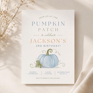 Pumpkin Birthday Invitation Boy Blue Pumpkin Watercolor Fall Theme Printable Mobile Bundle Instant Download Editable Canva Template + Bonus
