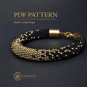 May include: A bead crochet rope bracelet featuring a repeating pattern of small black and metallic gold beads. The bracelet includes gold-toned metal end caps and a lobster claw clasp. Text reads: PDF PATTERN Bead Crochet Rope and EMERANT.