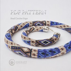 May include: A PDF pattern for a bead crochet rope featuring a geometric design in blue, tan, black, and white beads. The image displays a coiled necklace and a matching bracelet, both finished with silver-toned metal end caps and a clasp.