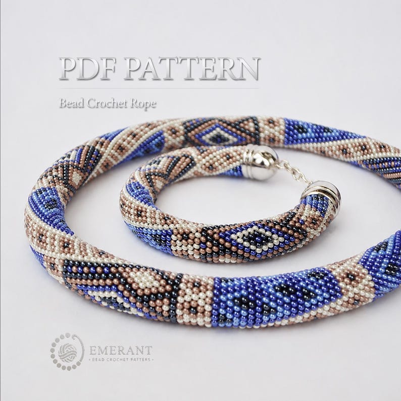 May include: A PDF pattern for a bead crochet rope featuring a geometric design in blue, tan, black, and white beads. The image displays a coiled necklace and a matching bracelet, both finished with silver-toned metal end caps and a clasp.