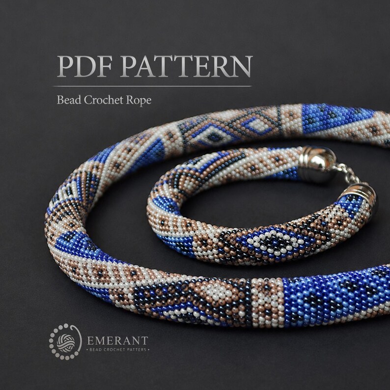 May include: A PDF pattern for a bead crochet rope featuring a necklace and bracelet set. The jewellery displays a geometric pattern in shades of blue, white, and metallic bronze beads. The text PDF PATTERN Bead Crochet Rope is visible.