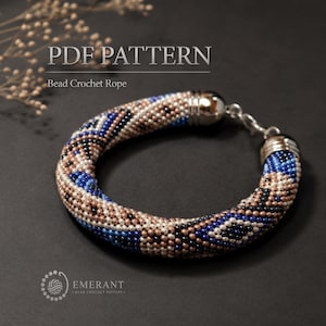 May include: A bead crochet rope bracelet featuring a geometric pattern in shades of blue, black, and metallic bronze. The bracelet has silver-toned metal end caps and a lobster clasp. The text PDF PATTERN Bead Crochet Rope is visible.