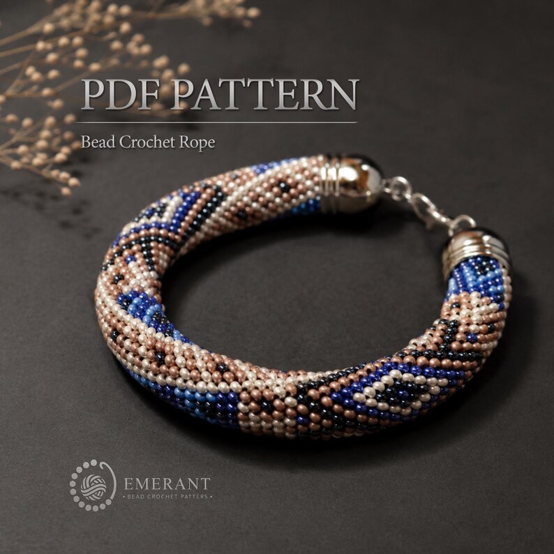 May include: A bead crochet rope bracelet featuring a geometric pattern in shades of blue, black, and metallic bronze. The bracelet has silver-toned metal end caps and a lobster clasp. The text PDF PATTERN Bead Crochet Rope is visible.