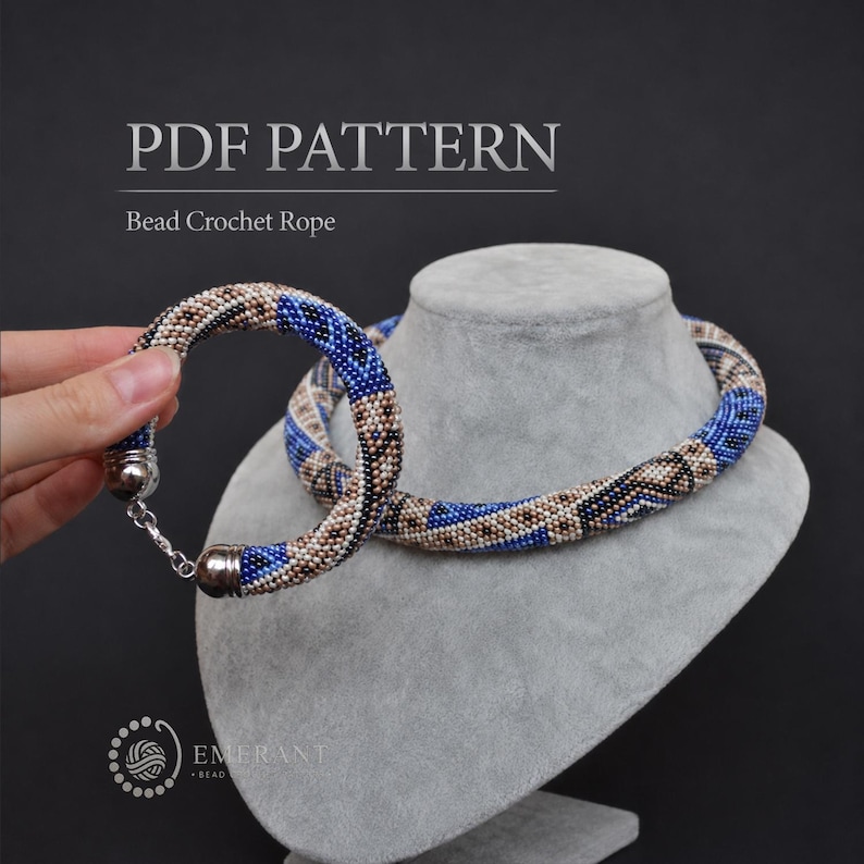 May include: A PDF pattern for a bead crochet rope necklace and bracelet set. The jewellery features a geometric pattern in shades of blue, beige, black, and white. The text PDF PATTERN and Bead Crochet Rope is visible at the top of the image.