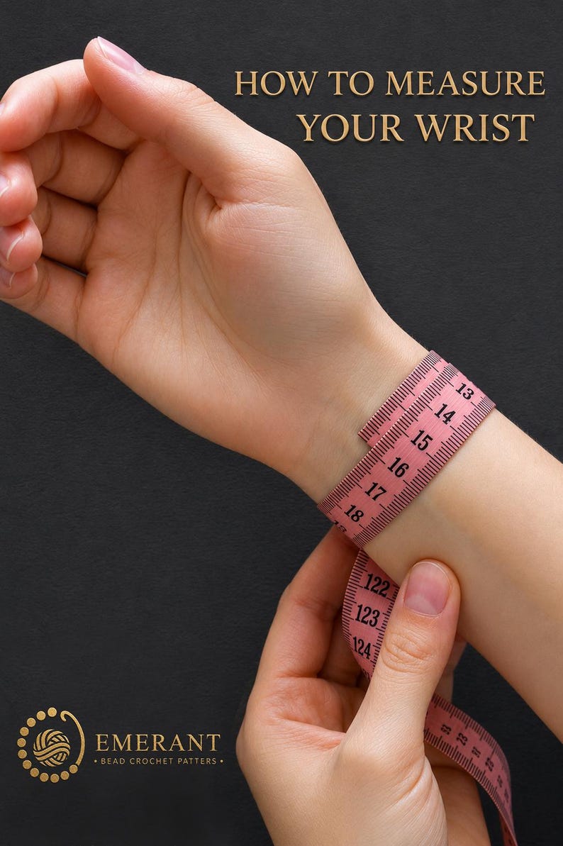 May include: A pink measuring tape wrapped around a wrist with the text HOW TO MEASURE YOUR WRIST and the logo EMERANT BEAD CROCHET PATTERS. The tape shows numerical markings in centimetres, with the visible range spanning from 13 to 124.