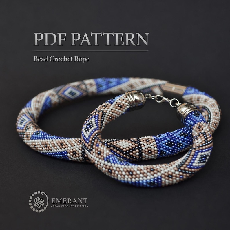 May include: A PDF pattern for a bead crochet rope featuring a geometric design in blue, beige, and black. The image displays a finished necklace and bracelet set with silver-toned metal end caps and a lobster clasp. Text reads PDF PATTERN.