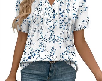 Women's Cherry Print V-Neck Pleated Lace Tunic Top – Boho Summer Blouse