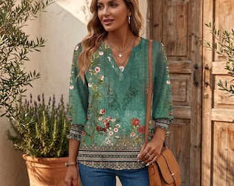 Floral Boho V-Neck Blouse | 3/4 Sleeve Elegant Tunic Top.