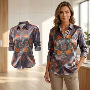 May include: A long-sleeved button-down shirt featuring a dark gray base with a vibrant, symmetrical mandala-style floral pattern in shades of orange, teal, and yellow. The shirt has a classic collar, a front button placket, and cuffed sleeves.