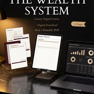 May include: The Wealth System digital planner with 12 pages, including a budget planner, savings goals, net worth dashboard, and debt elimination plan. Features a tablet displaying a budget planner and a laptop showing an income dashboard.