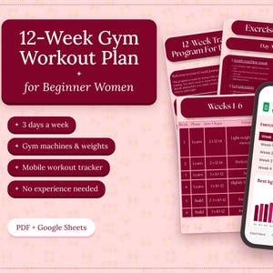 May include: A 12-week gym workout plan digital document set featuring a mobile workout tracker on a smartphone screen, exercise guide pages, and a weekly progress table. The design uses a dark maroon and light pink color scheme with text.
