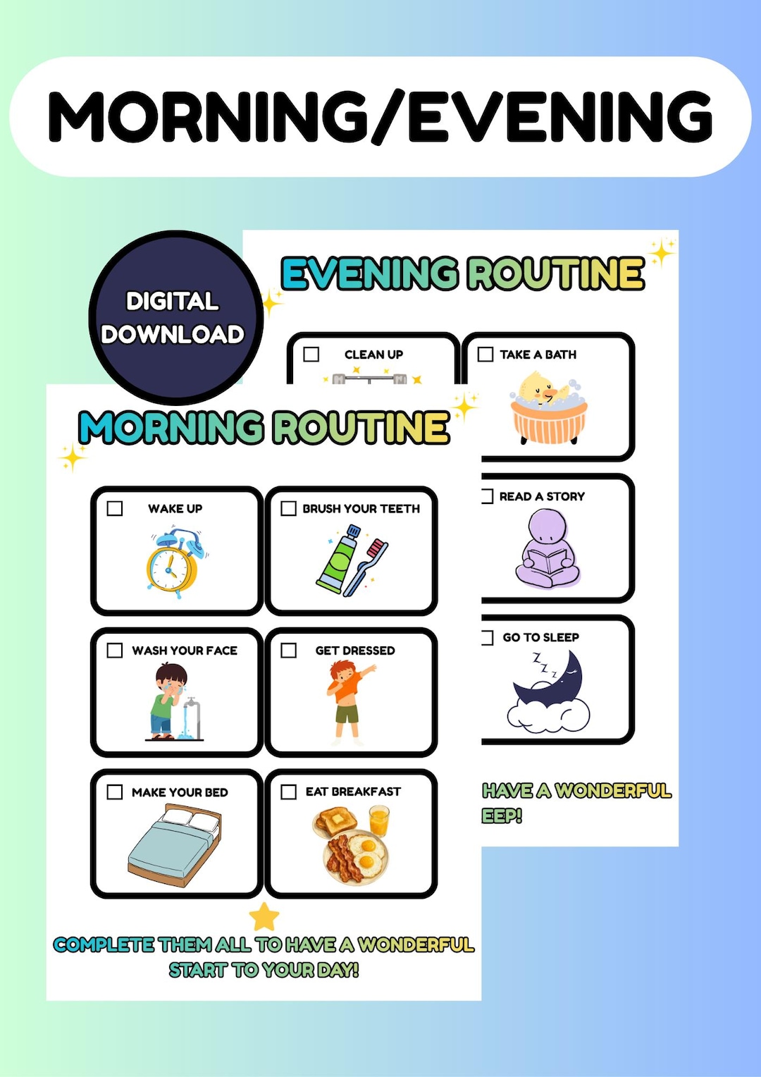 Kids Daily Routine Chart Bundle, Printable Morning and Evening ...