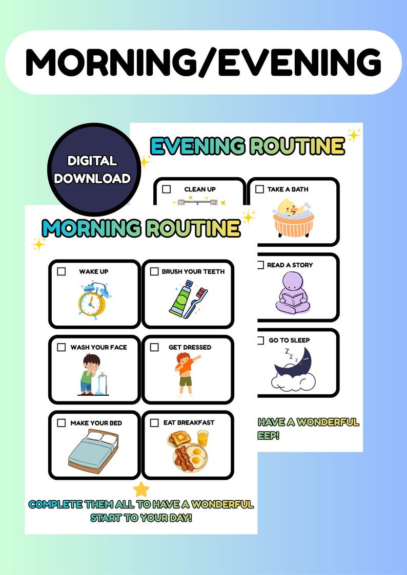 Kids Daily Routine Chart Bundle, Printable Morning and Evening ...