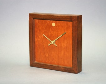Cherry Veneer And Walnut Wood Wall / Mantle Clock 9 Inches Square