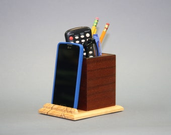 Sapele veneer and Spalted Elm phone stand / desk accessory