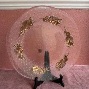 Vintage Italian Art Glass Angel Platter | Textured Star Glass Christmas Serving Plate | Gilded Trumpeting Angels Celestial Holiday Charger