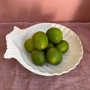 May include: A white ceramic bowl shaped like a seashell containing a cluster of six fresh green limes. The bowl features a ribbed, scalloped edge design and a smooth, glossy finish, providing a stark contrast to the textured, round green citrus fruits.
